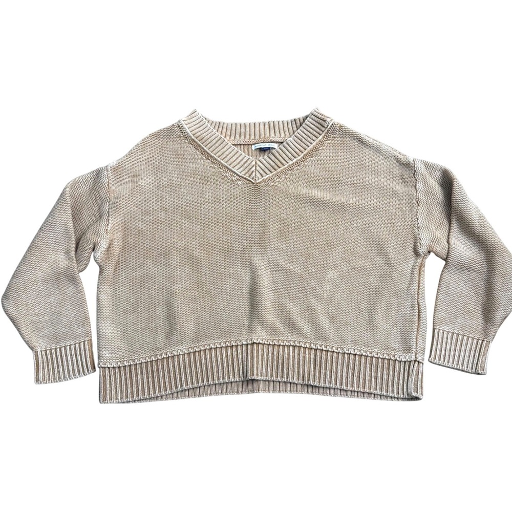American Eagle Tan V-Neck SunwashedCotton Knit Sweater‎ Womens Size M Fall Cozy
